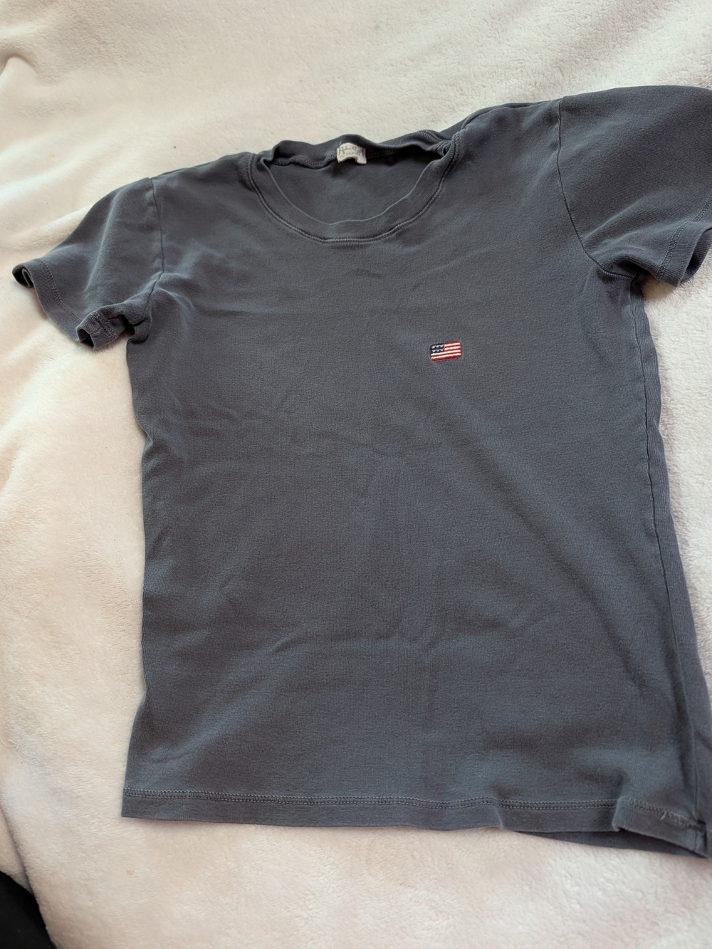 Women's s Distressed Blue John Galt Crewneck T-Shirt with Flag Patch